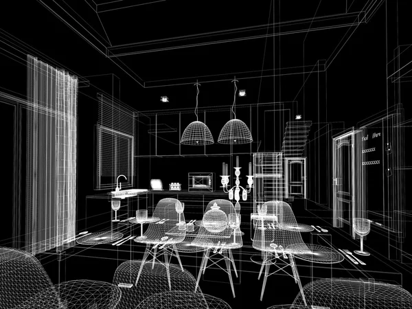 Diseño de boceto abstracto de comedor interior y sala de cocina, 3d —  Fotos de Stock