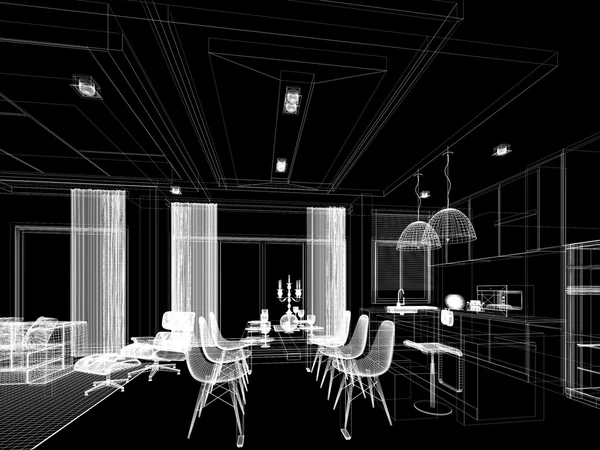 Abstract sketch design of interior dining and kitchen room ,3d — Stock Photo, Image