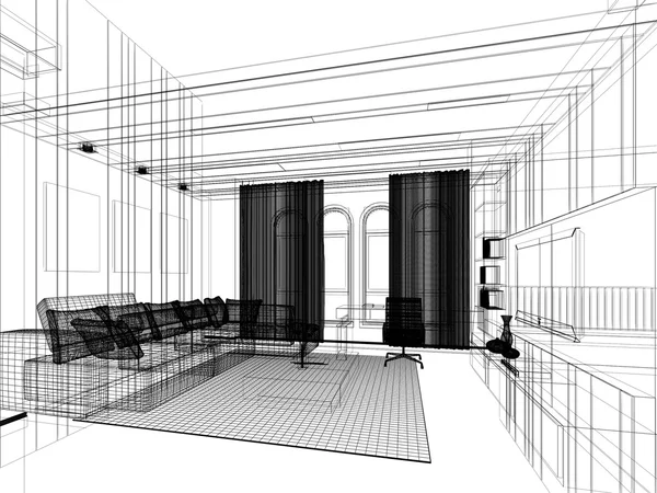 거실, 3dwire 프레임 렌더링의 스케치 디자인 — 스톡 사진