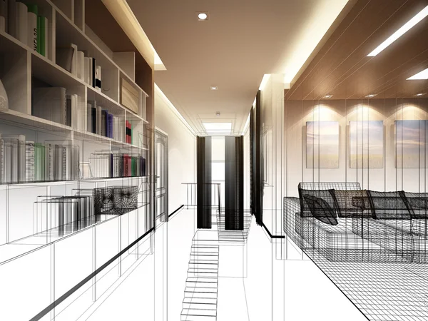 Skizze Design des Wohnzimmers, 3D-Drahtrahmen Render — Stockfoto