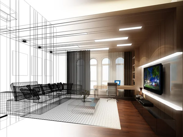 거실, 3dwire 프레임 렌더링의 스케치 디자인 — 스톡 사진