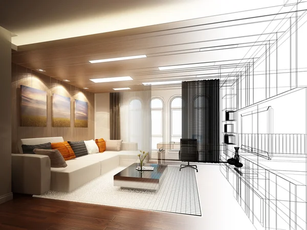 Schets ontwerp van woonkamer, 3dwire frame render — Stockfoto