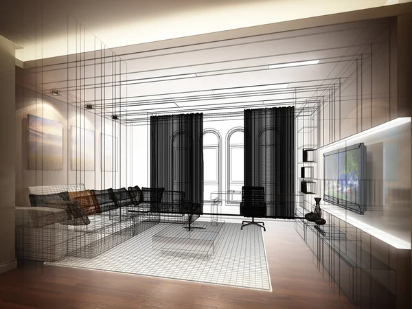 Boceto de diseño de la sala de estar, 3dwire marco de renderizado — Foto de Stock