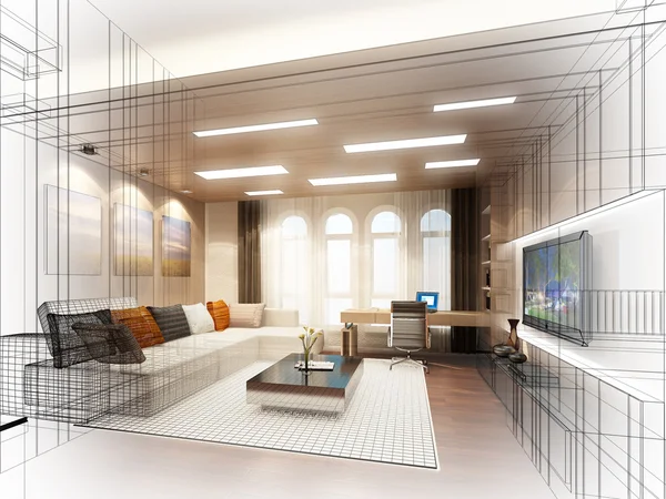 Sketch design of living room ,3dwire frame render — Stock Photo, Image