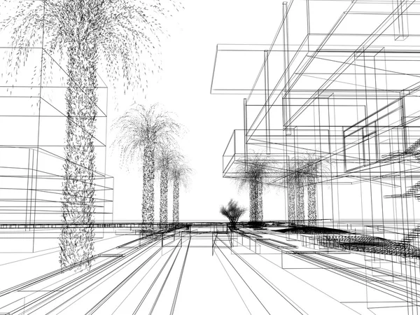 Sketch design of urban, 3dwire frame render — Stok Foto