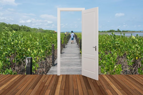 Landschaft hinter der sich öffnenden Tür — Stockfoto