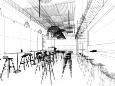 iç Restaurant, 3d tel çerçeve render tasarım kroki 