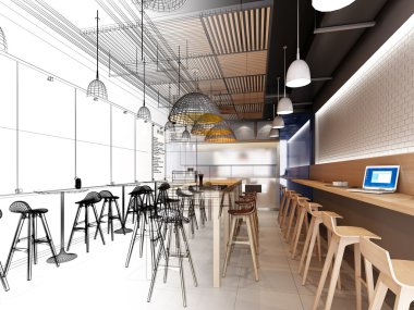 iç Restaurant, 3d tel çerçeve render tasarım kroki 