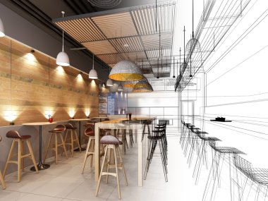 iç Restaurant, 3d tel çerçeve render tasarım kroki 