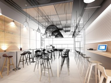 iç Restaurant, 3d tel çerçeve render tasarım kroki 