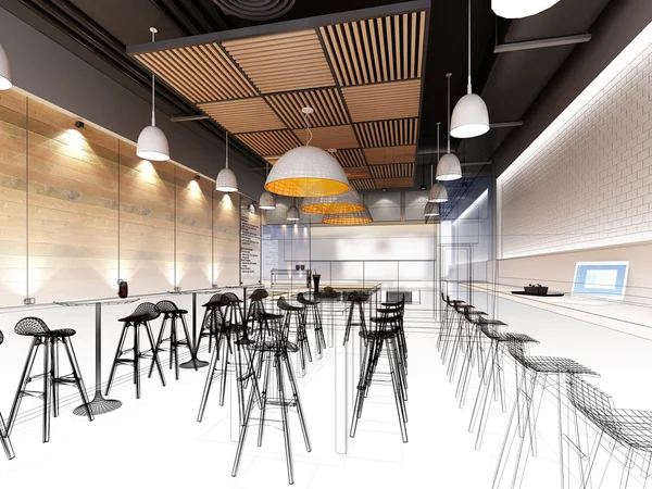 iç Restaurant, 3d tel çerçeve render tasarım kroki 