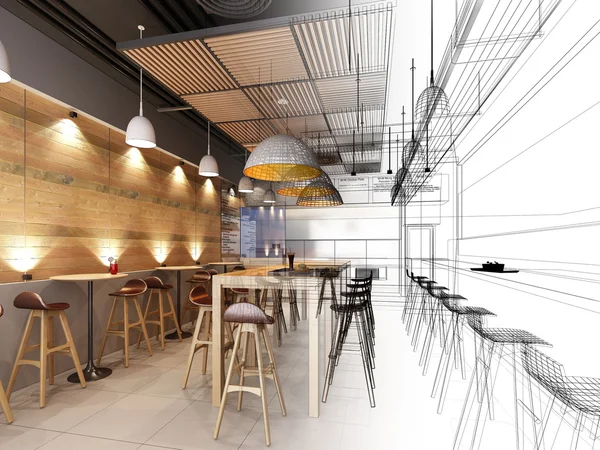 Disegno schizzo del resturant interno, rendering telaio filo 3d — Foto Stock