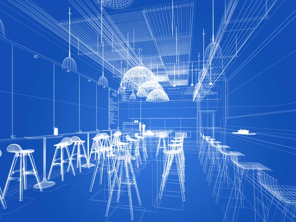 Croquis design du restaurant intérieur, rendu de cadre en fil 3D — Photo