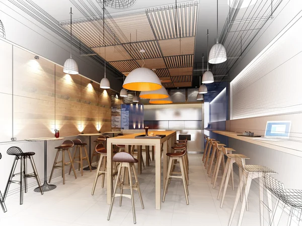 Desain sketsa dari resturant interior, 3d frame render kawat — Stok Foto