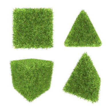 Beyaz arka planda izole edilmiş yeşil kübik ve piramit çimenleri, 3D görüntüleme