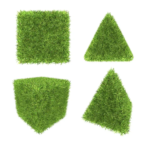 Grønt græs af kubisk og pyramide, Isoleret på hvid baggrund, 3d rendering - Stock-foto
