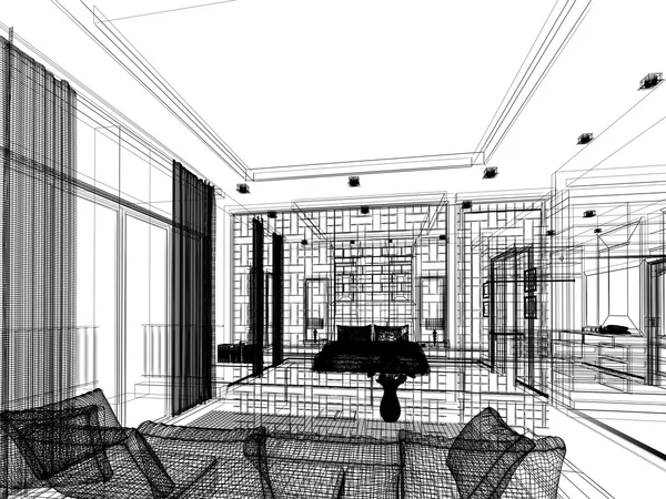 Sketch design of living ,3dwire frame render — Stock Photo, Image