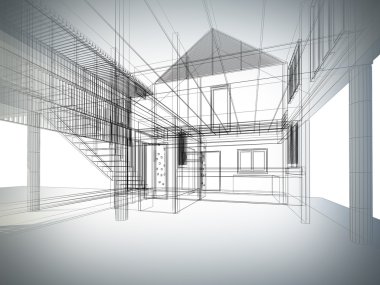 iç mekan, 3d tel çerçeve render tasarım kroki
