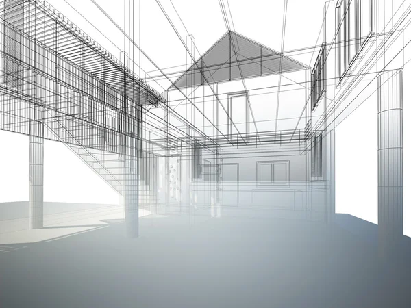 Ескіз дизайну внутрішнього простору, 3d візуалізація дротяної рами — стокове фото
