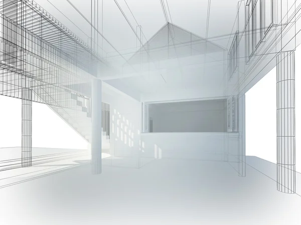 Projeto do esboço do espaço interior, renderização 3d do quadro do fio — Fotografia de Stock