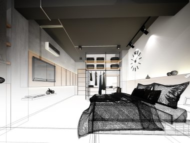 soyut kroki tasarım iç yatak odası, 3d render