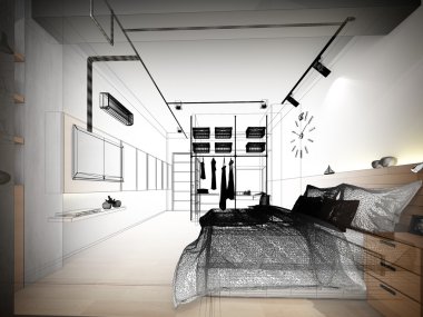 soyut kroki tasarım iç yatak odası, 3d render