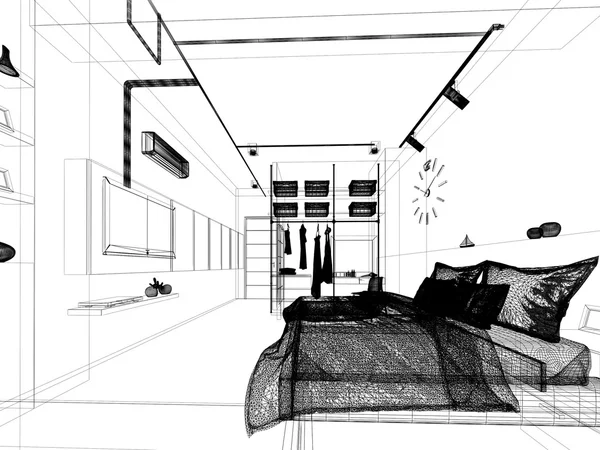 Disegno schizzo astratto della camera da letto interna, rendering 3d — Foto Stock