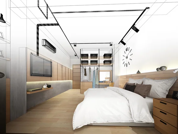 Абстрактний ескіз дизайну інтер'єру спальні, 3d рендеринга — стокове фото