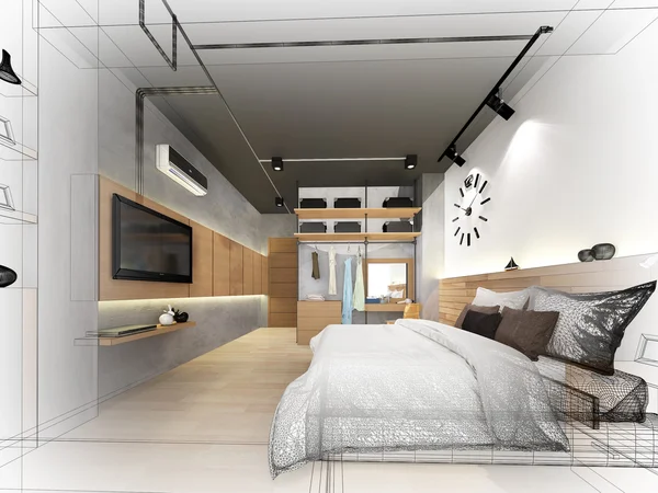 インテリア ベッド ルーム、3 d レンダリングの抽象的なスケッチ デザイン — ストック写真
