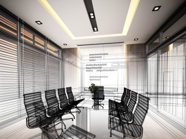 iç konferans salonu, 3d render tel çerçeve tasarım kroki