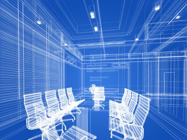 iç konferans salonu, 3d render tel çerçeve tasarım kroki
