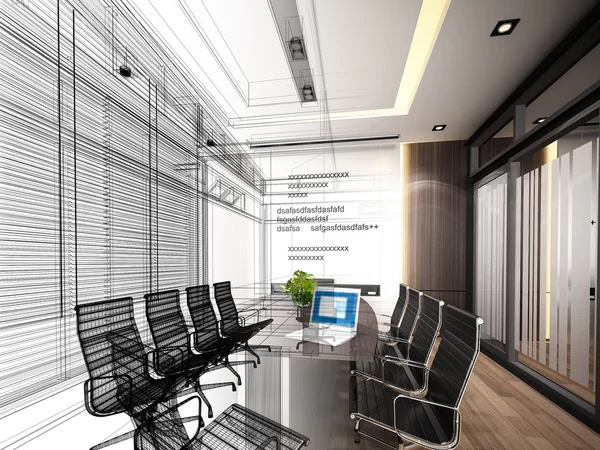 Nákres konstrukce interiéru konferenční místnost, 3d vykreslování drátěný model — Stock fotografie