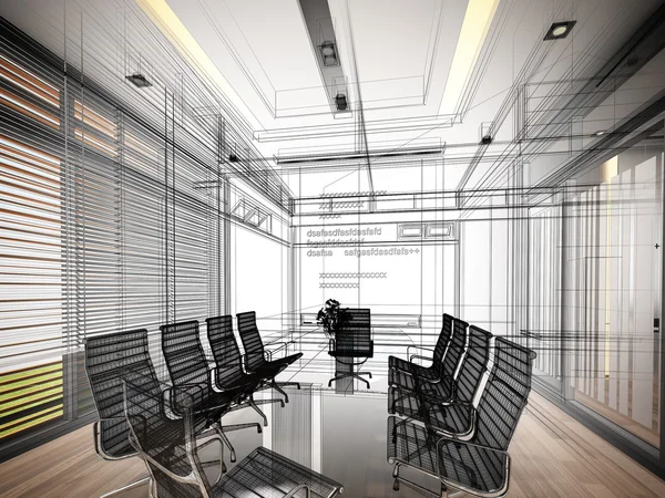 Diseño de boceto de la sala de conferencias interior, marco de alambre de renderizado 3d — Foto de Stock