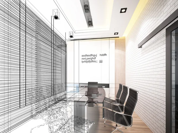Projeto do esboço da sala de conferência interior, estrutura de arame de renderização 3d — Fotografia de Stock