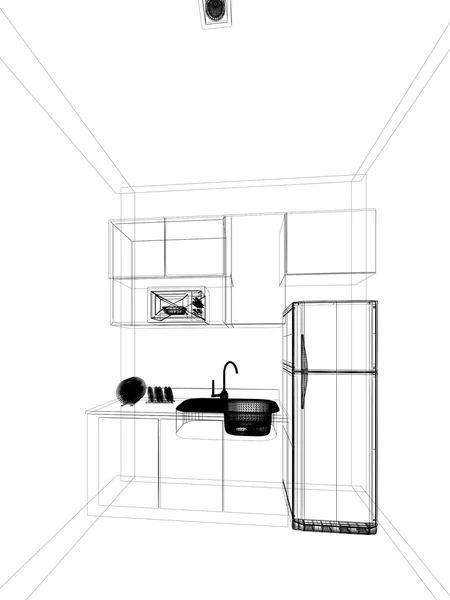 室内厨房的抽象草图设计, 3D渲染 — 图库照片