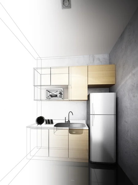 Diseño abstracto del boceto de la cocina interior, 3d renderizado — Foto de Stock