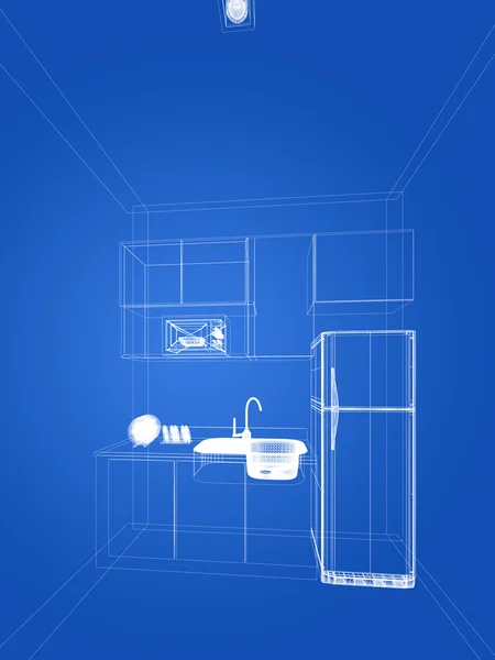 Абстрактный эскиз дизайна интерьера кухни, 3D рендеринг — стоковое фото