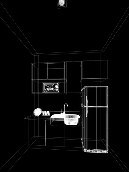 Abstrakte Skizze der Innenraumküche, 3D-Rendering — Stockfoto