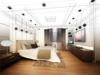 soyut kroki tasarım iç yatak odası, 3d render