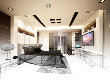soyut kroki tasarım iç yatak odası, 3d render
