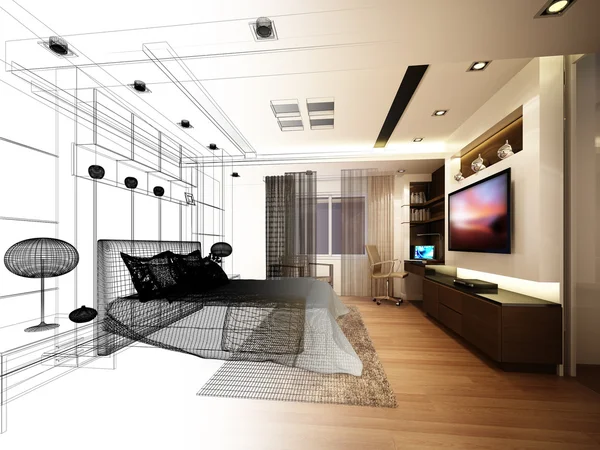 Diseño abstracto del boceto del dormitorio interior, representación 3d — Foto de Stock