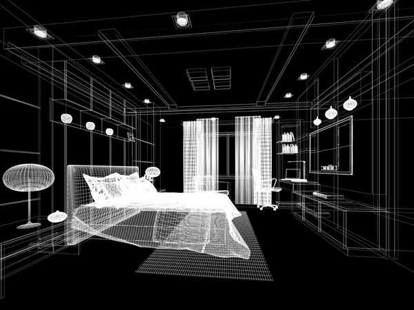 Disegno schizzo astratto della camera da letto interna, rendering 3d — Foto Stock