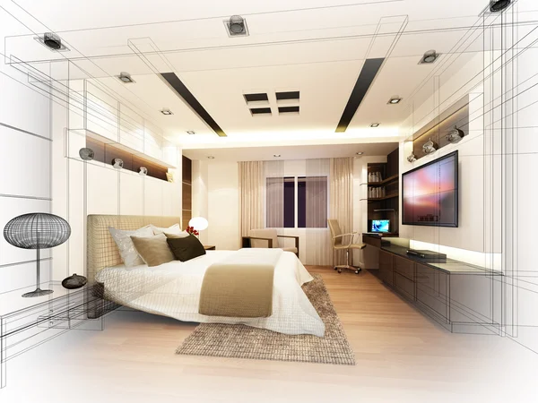 Abstracte schets ontwerp van interieur slaapkamer, 3D-rendering — Stockfoto