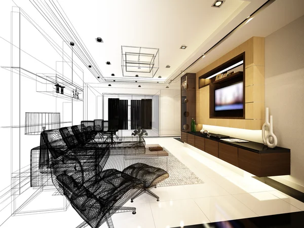Schets ontwerp van wonen, 3D-draad frame rendering — Stockfoto