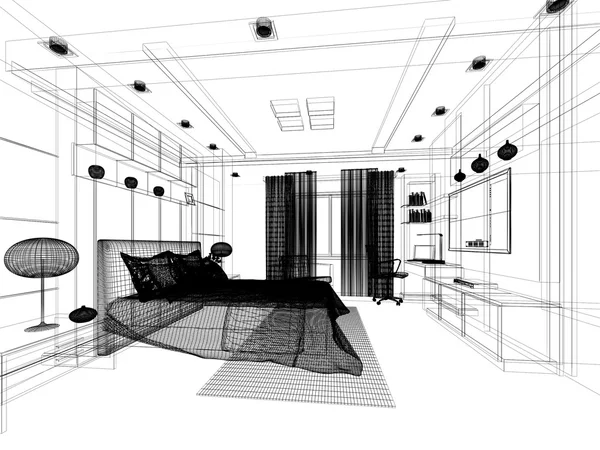 Disegno schizzo astratto della camera da letto interna, rendering 3d — Foto Stock