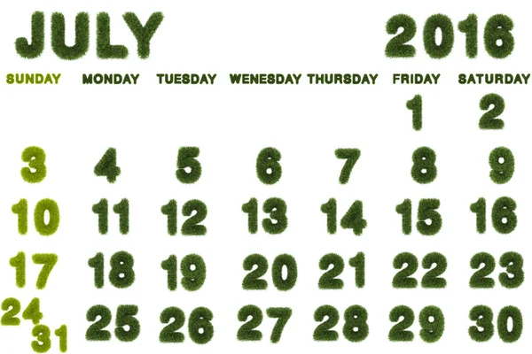 Calendar for July 2016 on white background,3d rendering — Stock Photo, Image