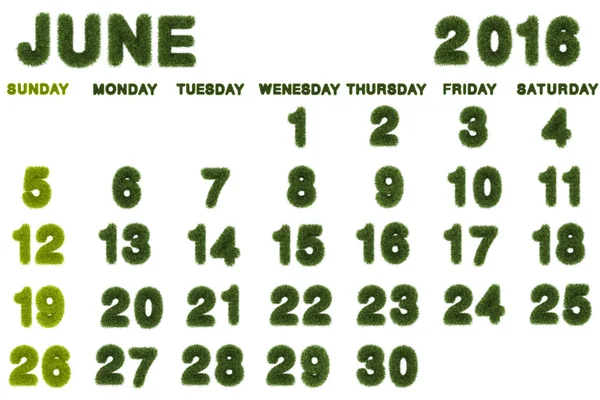 Calendar for June 2016 on white background,3d rendering — Stock Photo, Image