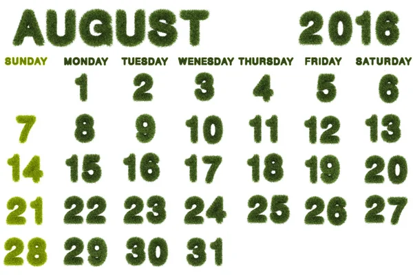 Kalender voor augustus 2016 op witte achtergrond, 3D-rendering — Stockfoto