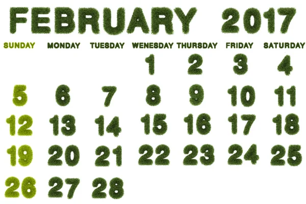 Календарь на февраль 2017 года на белом фоне, 3d рендеринг зеленой травы — стоковое фото