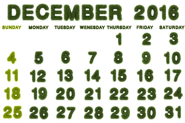 Kalender voor December 2016 op witte achtergrond, 3D-rendering groen gras — Stockfoto